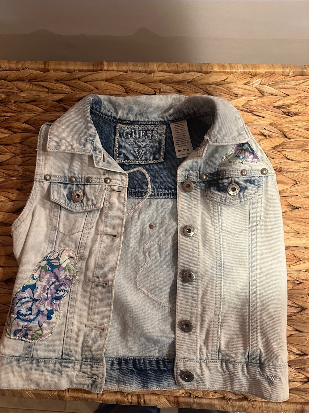 GUESS Light Blue Denim Vest with Floral Embroidered Accents